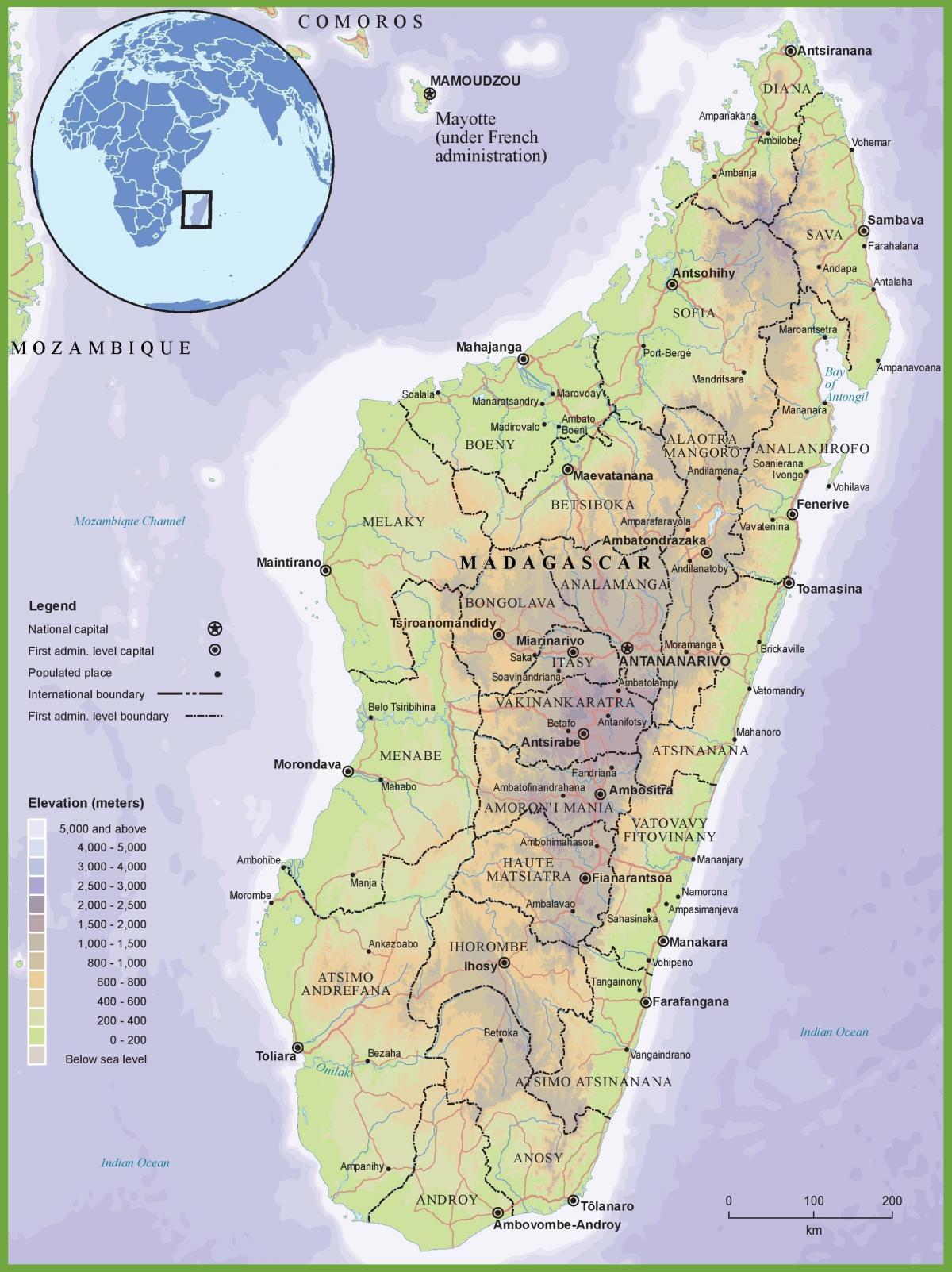 地図の物理地図のマダガスカル