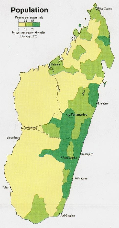 マダガスカルの人口密度の地図
