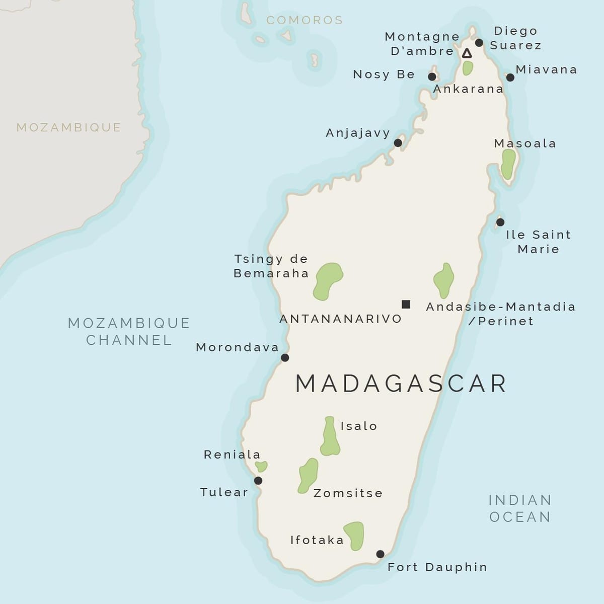 地図のマダガスカルおよびその周辺の島々